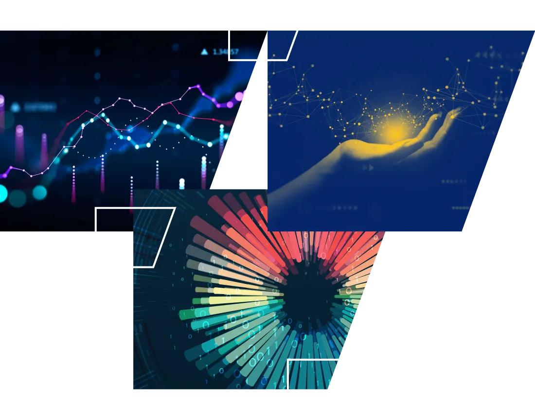 Abstract, high-tech imagery depicting data points, a hand holding a glowing orb and data array visual